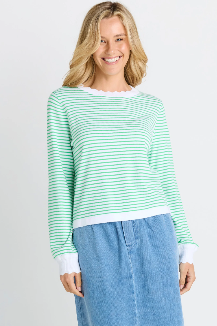 BETTY BASICS SCALLOP KNIT SWEATER GREEN STRIPE
