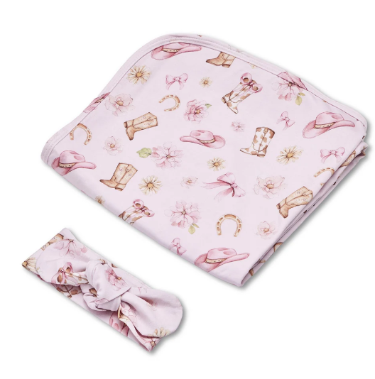 SNUGGLE HUNNY BOOTS & BOWS JERSEY WRAP & TOPKNOT SET
