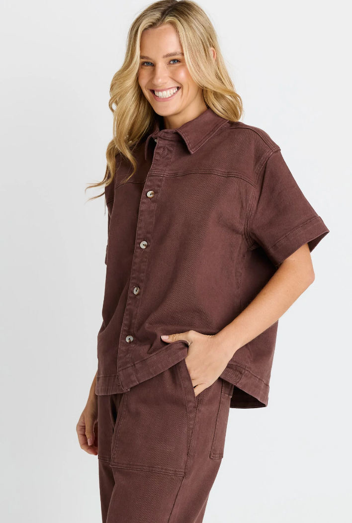 BETTY BASICS QUINN COTTON SHIRT CHOCOLATE