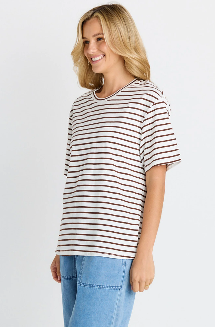 BETTY BASICS RELAX BOXY TEE CHOCOLATE & WHITE STRIPE