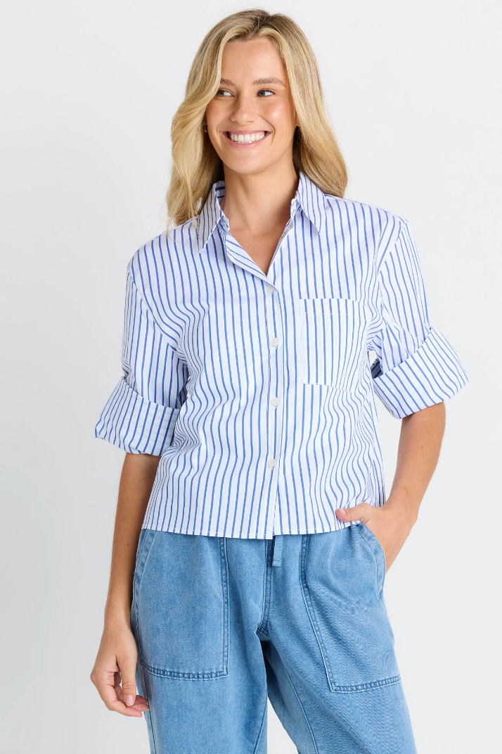 BETTY BASICS POPLIN SHIRT CROPPED BLUE STRIPE
