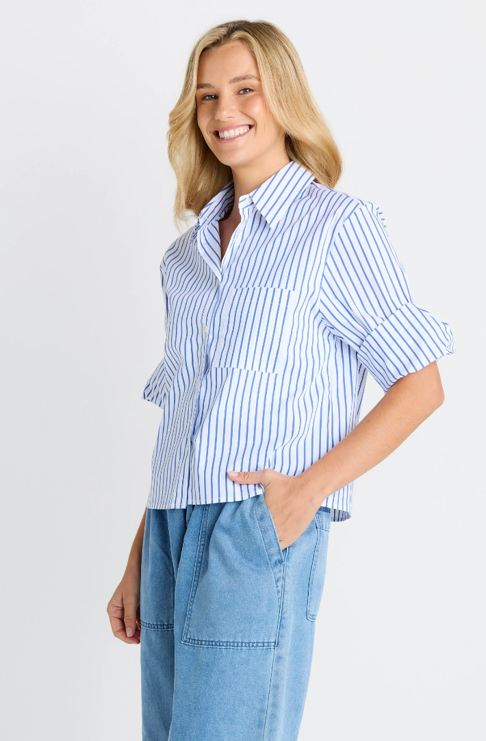 BETTY BASICS POPLIN SHIRT CROPPED BLUE STRIPE