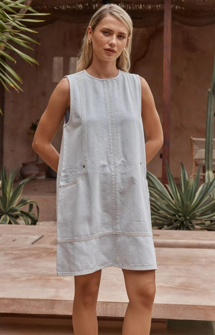 SASS HART DENIM SHIFT DRESS TRUE BLEACH BLUE