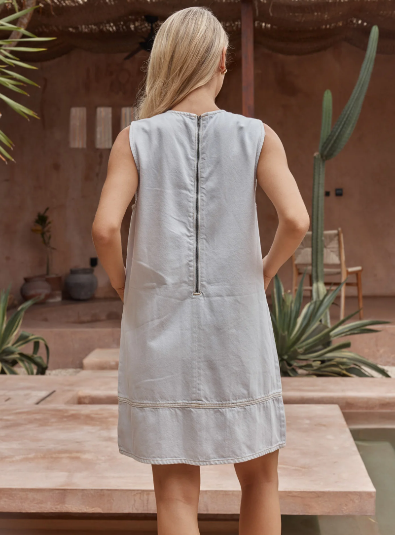 SASS HART DENIM SHIFT DRESS TRUE BLEACH BLUE