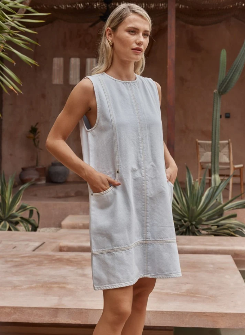 SASS HART DENIM SHIFT DRESS TRUE BLEACH BLUE