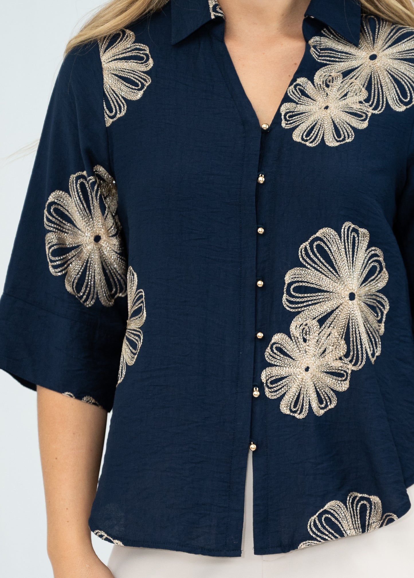 FRIA FLORAL GLITZ BLOUSE NAVY