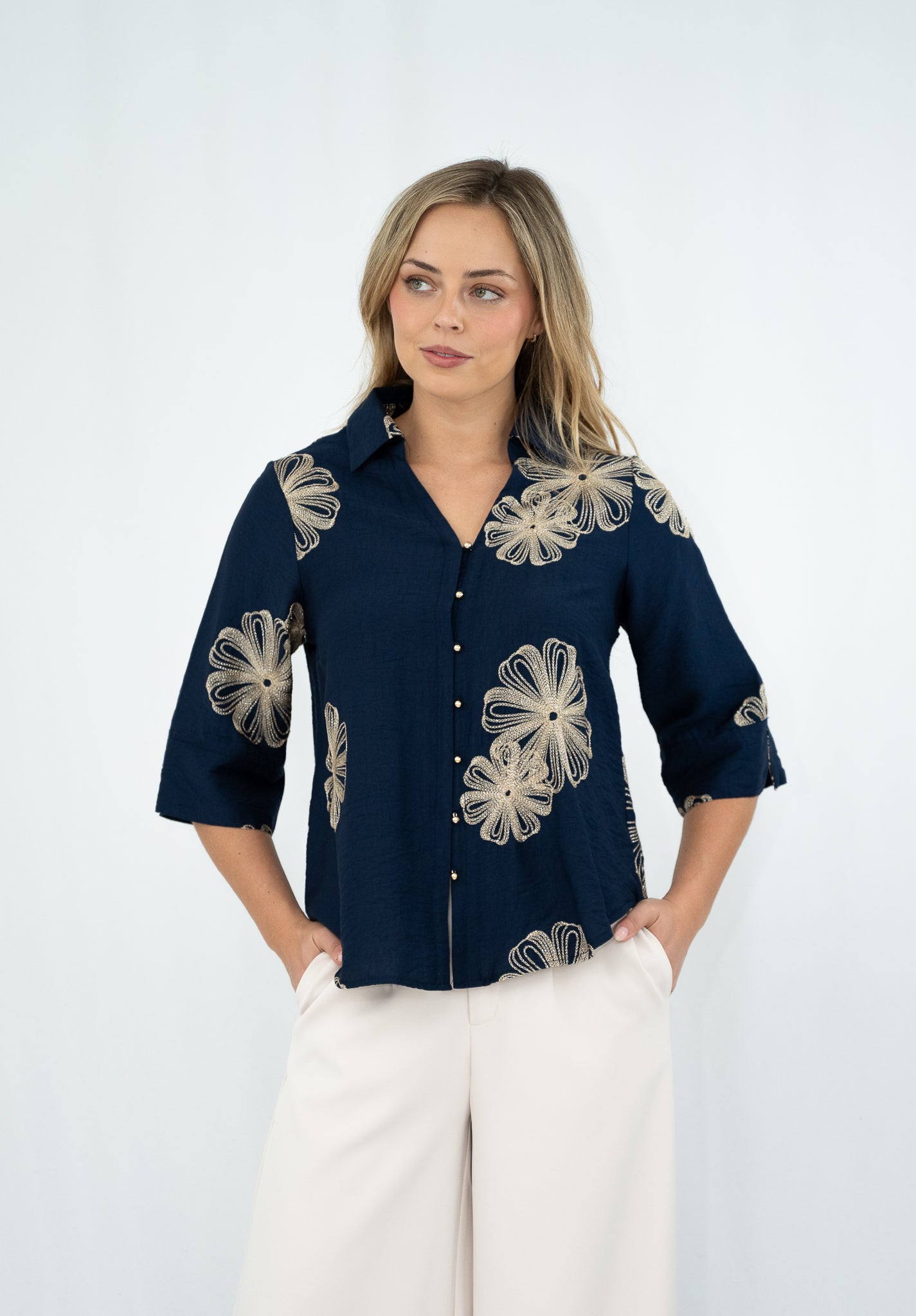 FRIA FLORAL GLITZ BLOUSE NAVY